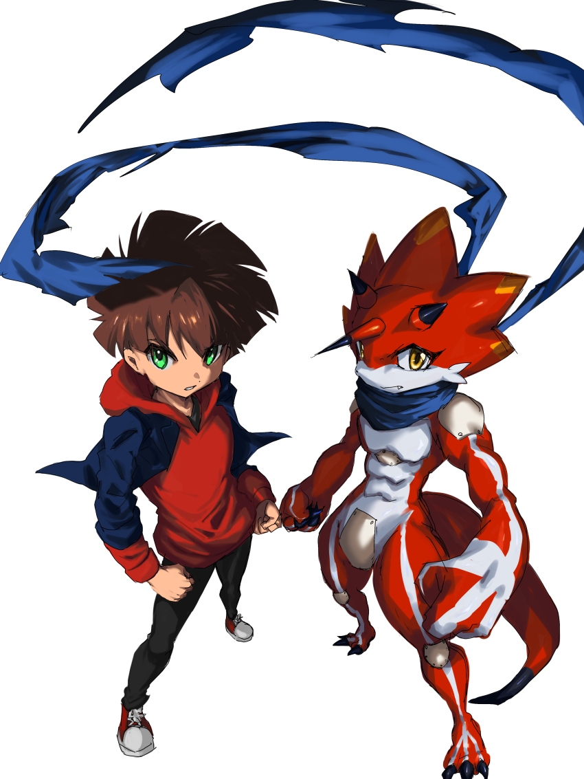 2boys absurdres amanokawa_hiro betelgammamon blue_jacket blue_scarf clenched_hands colored_skin crotch_plate digimon digimon_(creature) digimon_ghost_game dragon green_eyes highres hood hoodie horns jacket male_focus multiple_boys red_hoodie red_skin scarf simple_background standing symmetry white_background yellow_eyes ziro_illust