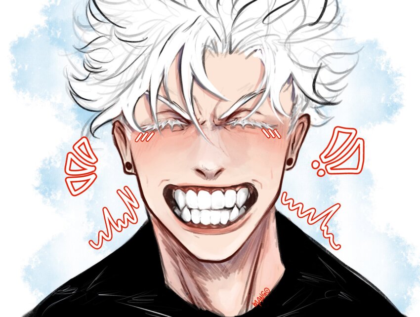 ! !! 1boy ^^^ black_shirt closed_eyes colored_eyelashes earrings eyelashes fangs gojou_satoru gojouify highres jewelry jujutsu_kaisen light_blush male_focus portrait shirt short_hair simple_background smile solo teeth v-shaped_eyebrows white_eyelashes white_hair