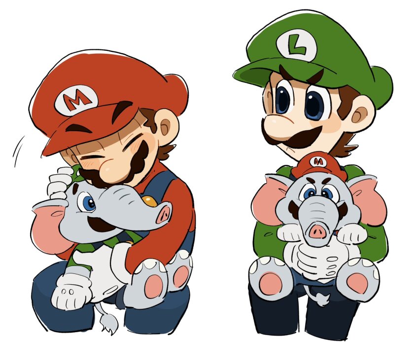 2boys animal_ears barefoot blue_eyes blue_overalls brothers brown_footwear brown_hair cabbie_hat elephant_boy elephant_ears elephant_luigi elephant_mario elephant_tail facial_hair gloves hat height_difference highres incoming_hug initial letter_print luigi male_focus mario mario_(series) mimimi_(mimimim9999) multiple_boys mustache nintendo outstretched_arms overalls shoes siblings size_difference super_mario_bros._wonder white_gloves
