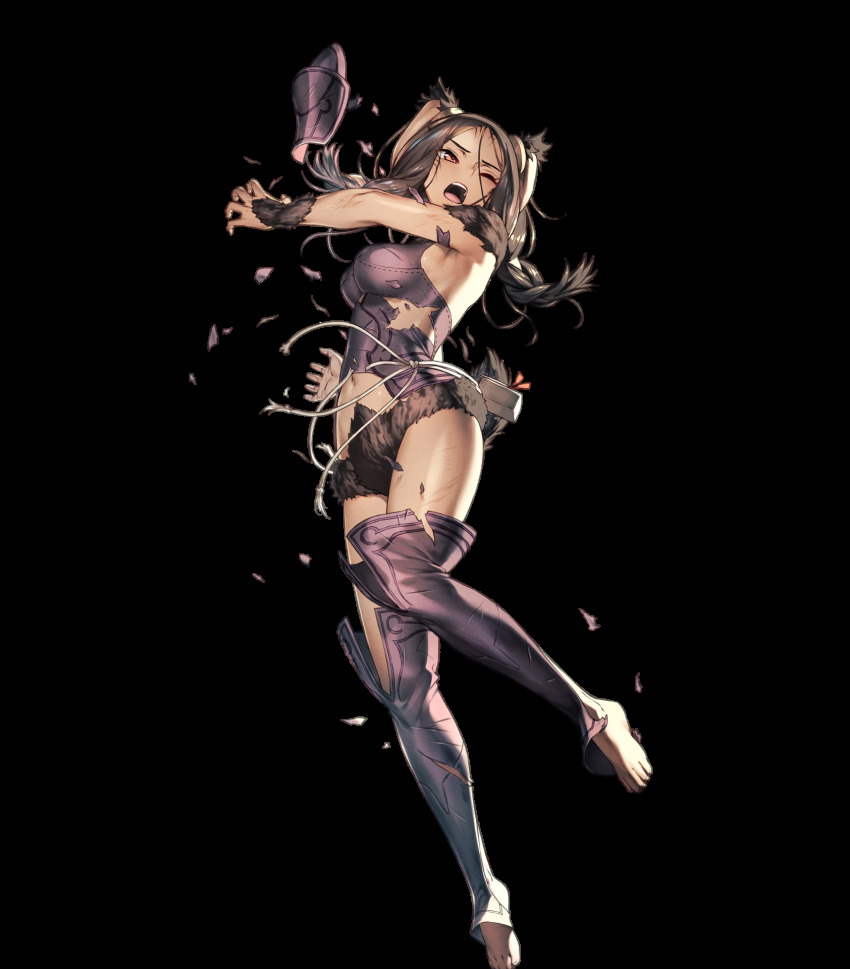 1girl animal_ears armor barefoot braid brown_hair chyko dark-skinned_female dark_skin facial_mark feet female_focus fire_emblem fire_emblem_awakening fire_emblem_heroes full_body highres long_hair nintendo official_art panne_(fire_emblem) pouch rabbit_ears rabbit_girl rabbit_tail red_eyes solo stomach taguel tail toeless_legwear toes transparent_background twin_braids
