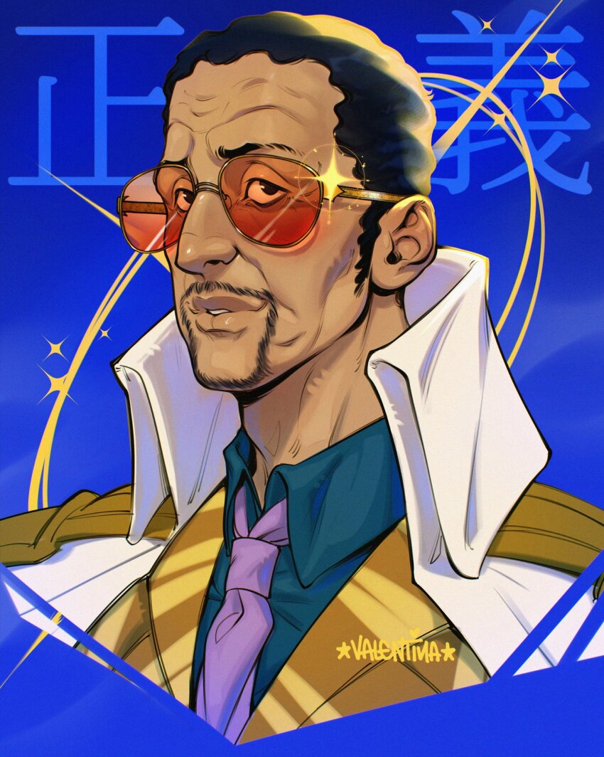1boy aqua_shirt artist_name black_hair blue_background borsalino_(kizaru) collared_jacket collared_shirt dark-skinned_male dark_skin highres jacket necktie one_piece orange-tinted_eyewear portrait purple_necktie shirt short_hair solo sparkle sunglasses tinted_eyewear valentina_tavolilla white_jacket yellow_jacket