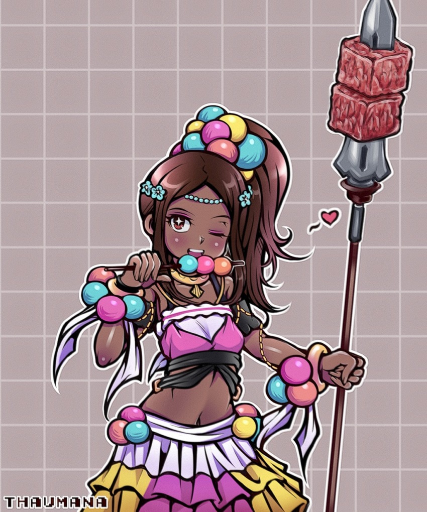 1girl artist_name border bracelet commentary crop_top dango dark-skinned_female dark_skin english_commentary fire_emblem fire_emblem_engage food highres holding holding_food jewelry kagami_mochi looking_at_viewer meat midriff navel nintendo one_eye_closed pearl_bracelet pearl_hair_ornament sidelocks skewer solo star-shaped_pupils star_(symbol) symbol-shaped_pupils thaumana timerra_(fire_emblem) very_dark_skin wagashi white_border