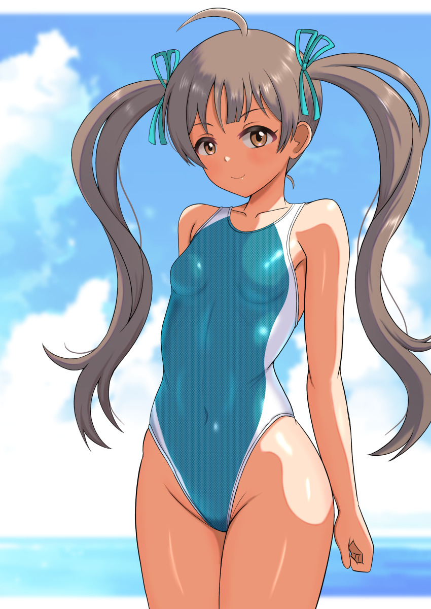 1girl absurdres ahoge arshinoe blue_one-piece_swimsuit blue_sky breasts brown_eyes cloud competition_swimsuit covered_navel cowboy_shot dark-skinned_female dark_skin day grey_hair hakozaki_serika highleg highleg_one-piece_swimsuit highres horizon idolmaster idolmaster_million_live! idolmaster_million_live!_theater_days long_hair ocean one-piece_swimsuit outdoors sky small_breasts solo swimsuit twintails two-tone_swimsuit
