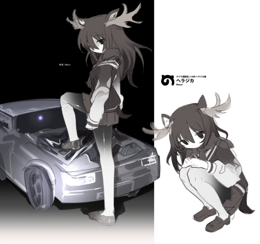 animal_ears antlers brown_eyes brown_hair brown_pantyhose brown_scarf brown_skirt brown_sweater car gradient_pantyhose gradient_sweater grey_pantyhose hair_between_eyes highres horns kemono_friends long_hair long_sleeves looking_at_viewer moose_(kemono_friends) moose_antlers moose_ears moose_girl moose_tail motor_vehicle multiple_views night outo_eguchi pantyhose pleated_skirt scarf sidelocks skirt squatting sweater tail translation_request white_sweater
