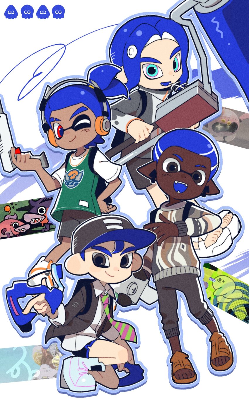 4boys afro baseball_cap blue_hair dapple_dualies_(splatoon) dark-skinned_male dark_skin flingza_roller_(splatoon) grey_eyes gun hat hg_swdiary highres holding holding_gun holding_weapon inkling inkling_boy inkling_player_character male_focus multiple_boys n-zap_(splatoon) nintendo octoling octoling_boy octoling_player_character one_eye_closed pointy_ears ponytail print_headwear red_eyes short_hair short_ponytail splashtag_(splatoon) splatana_stamper_(splatoon) splatoon_(series) splatoon_3 squatting tentacle_hair weapon white_background