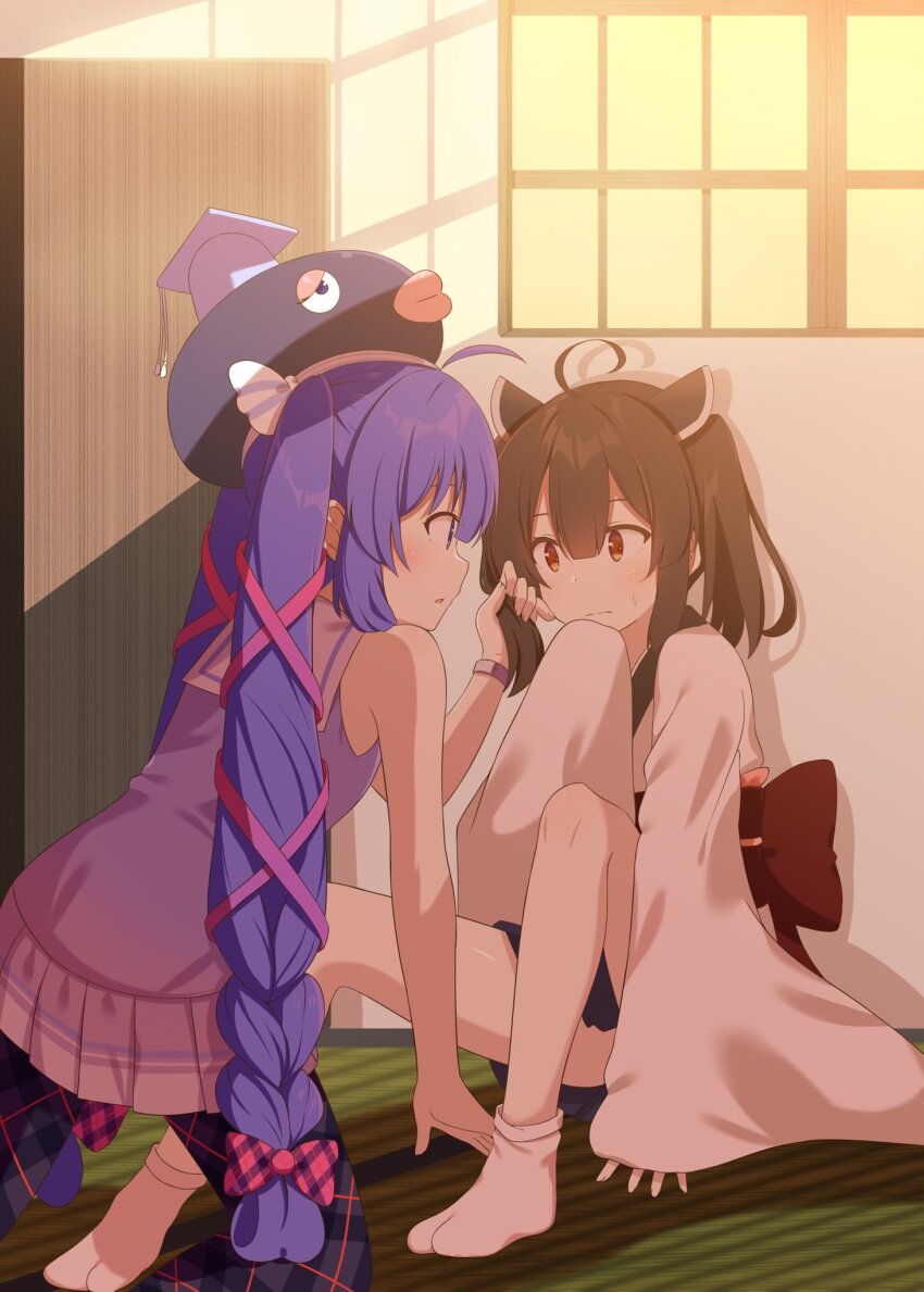 2girls ahoge animal_hat ankle_socks blue_eyes blue_hair blue_skirt blunt_bangs braid brown_hair chaakusu closed_mouth commentary_request dress eel_hat eye_contact gradient_clothes gradient_ribbon hair_between_eyes hair_ribbon hand_to_own_mouth hat hat_ribbon headgear highres holding_another&#039;s_hair indoors japanese_clothes kimono kneeling long_hair looking_at_another medium_hair miniskirt mortarboard multicolored_dress multiple_girls no_shoes obi obiage obijime on_floor otomachi_una otomachi_una_(talkex) pantyhose parted_lips plaid_pantyhose plaid_ribbon pleated_dress pleated_skirt profile red_eyes red_sash ribbon sailor_collar sailor_dress sash sitting skirt sleeveless sleeveless_dress small_sweatdrop socks sweatdrop tabi talkex tatami touhoku_kiritan tress_ribbon twintails very_long_hair voiceroid watch white_kimono white_ribbon white_sailor_collar white_socks wide_sleeves window window_shadow wristwatch yuri