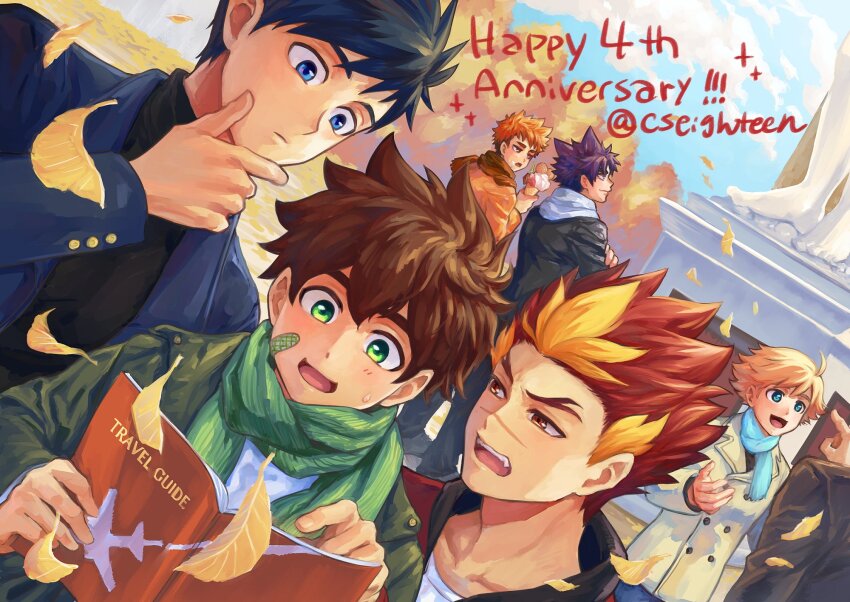 6+boys akatora_taiga akiba_hiro bandaid bandaid_on_cheek bandaid_on_face black_jacket blonde_hair blue_coat blue_eyes blue_hair blue_scarf book brown_hair camp_buddy coat cseighteen dark_blue_hair green_coat green_eyes green_scarf hamasaki_natsumi happy_anniversary head_out_of_frame highres holding holding_book hunter_springfield jacket leaf male_focus multicolored_hair multiple_boys nagame_keitaro open_mouth outdoors reading red_hair scar scar_on_face scar_on_nose scarf streaked_hair sweatdrop teeth twitter_username upper_teeth_only yukimura_yoichi