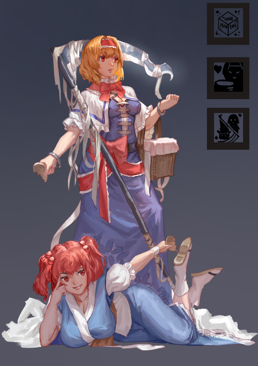 2girls absurdres alice_margatroid apron basket blonde_hair blue_dress bow bowtie breasts cleavage commentary_request cookie_(touhou) d_tomoki dress elbow_carry full_body grey_background grey_footwear grin hair_bobbles hair_ornament highres hinase_(cookie) holding holding_basket holding_scythe large_breasts long_dress looking_afar medium_breasts multiple_girls on_floor onozuka_komachi red_bow red_bowtie red_eyes red_hair red_sash sandals sash scythe shirt shishou_(cookie) short_hair simple_background smile socks standing touhou two_side_up white_apron white_shirt white_socks zouri