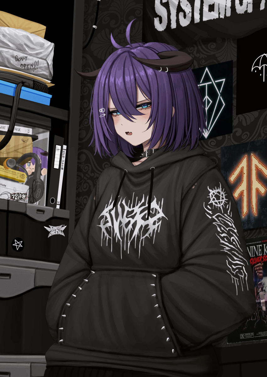 1girl absurdres babymetal black_hoodie bring_me_the_horizon choker cool_s copyright_request english_text goth_fashion headphones highres hood hoodie horns ice_nine_kills lobsteranian logo_request looking_at_viewer movie_poster original pentagram purple_hair solo system_of_a_down unworn_headphones