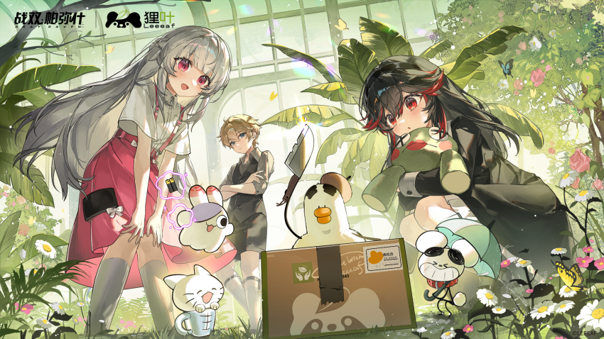 1girl 2girls batter black_hair blonde_hair blue_eyes blunt_bangs box butter cardboard_box child dress food hair_between_eyes highres indoors kitchen_knife knife lee_(pgr) liv_(pgr) long_hair lucia_(pgr) multicolored_hair multiple_girls official_art pink_eyes punishing:_gray_raven red_eyes red_streaks stuffed_animal stuffed_frog stuffed_toy two-tone_hair umbrella white_hair