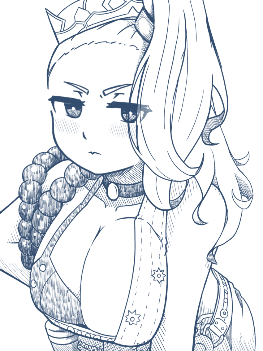 1girl breasts cleavage closed_mouth edgar0ekaki greyscale grimms_notes highres large_breasts long_hair looking_at_viewer monochrome sanzang_fashi_(shinsei)_(grimms_notes) solo v-shaped_eyebrows