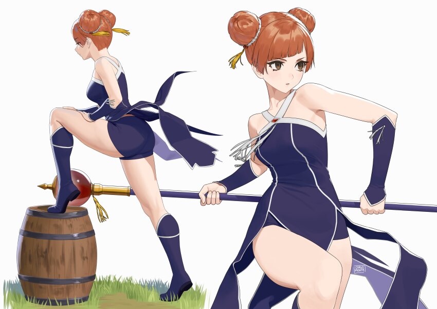 1girl absurdres artist_name asymmetrical_bangs bare_shoulders barrel black_boots black_dress black_shorts blunt_bangs boots bracer breasts brown_eyes brown_hair carlo_montie commentary cowboy_shot double_bun dress fighting_stance from_side full_body grass hair_bun hair_up hands_on_own_leg heel_up highres holding holding_behind_back holding_staff holding_weapon holding_weapon_behind_back knee_boots knee_up laufen_(sousou_no_frieren) looking_to_the_side mage_staff medium_breasts multiple_views outdoors parted_lips pelvic_curtain scrunchie shorts shorts_under_skirt side_slit signature simple_background solo_focus sousou_no_frieren staff tassel weapon white_background white_scrunchie white_trim