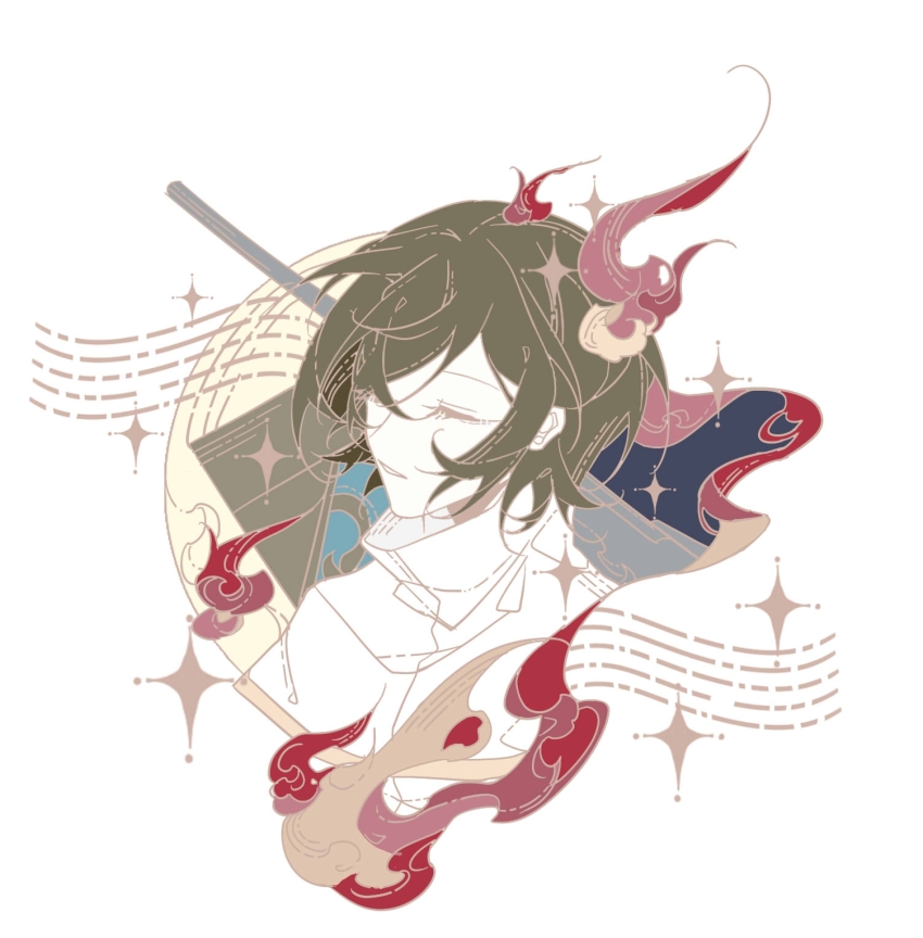 1girl black_hair capelet chinese_commentary closed_eyes colored_lineart commentary_request cropped_shoulders fire gold_trim high_collar highres isoi_rai pale_skin parted_lips red_fire saibou_shinkyoku short_hair solo weixinpai049 white_capelet