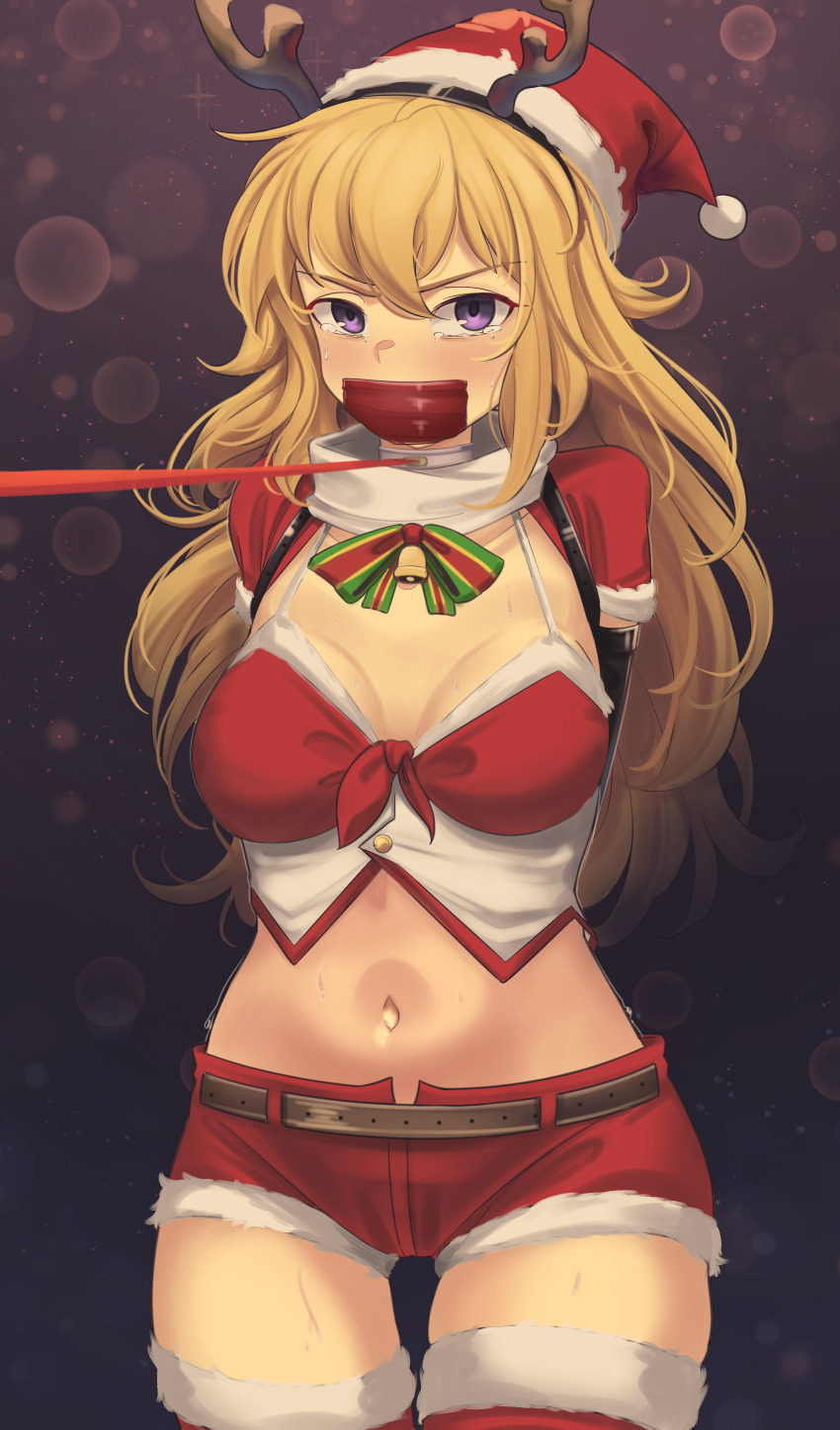 1girl 1other absurdres angry antler_hairband antler_ornament antlers armbinder arms_behind_back bdsm bell belly belt black_background blonde_hair blush bondage bound breasts capelet christmas cleavage collar crop_top crying crying_with_eyes_open dankestofdans dress duct_tape fur-trimmed_capelet fur-trimmed_crop_top fur-trimmed_shorts fur-trimmed_thighhighs fur_trim gag gagged glaring hair_between_eyes hair_ornament hairband hat highres horns improvised_gag leash leash_pull light_blush long_hair looking_at_viewer medium_breasts messy_hair midriff navel purple_eyes red_hat red_shorts red_thighhighs ribbon rwby santa_costume santa_dress santa_hat short_shorts shorts sidelocks simple_background slave spaghetti_strap sparkle_background stomach sweat sweatdrop tape tape_gag tearing_up tears thigh_gap thighhighs thighs very_long_hair yang_xiao_long