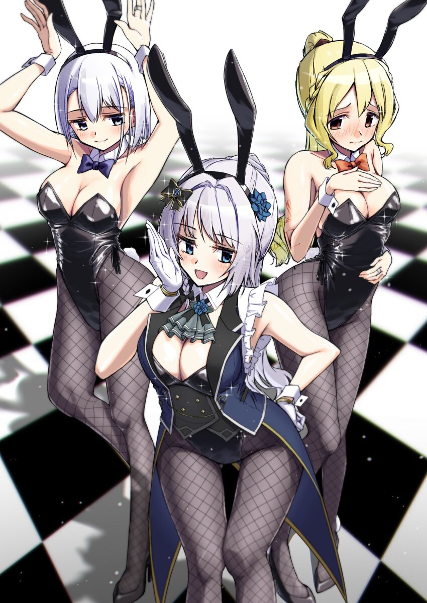 animal_ears black_leotard breasts checkered_floor cleavage durchfallkaffee_levante fake_animal_ears fishnet_pantyhose fishnets highres leotard magia_record:_mahou_shoujo_madoka_magica_gaiden mahou_shoujo_madoka_magica pantyhose playboy_bunny rabbit_ears shadow strapless strapless_leotard togame_momoko white_hair yakumo_mitama