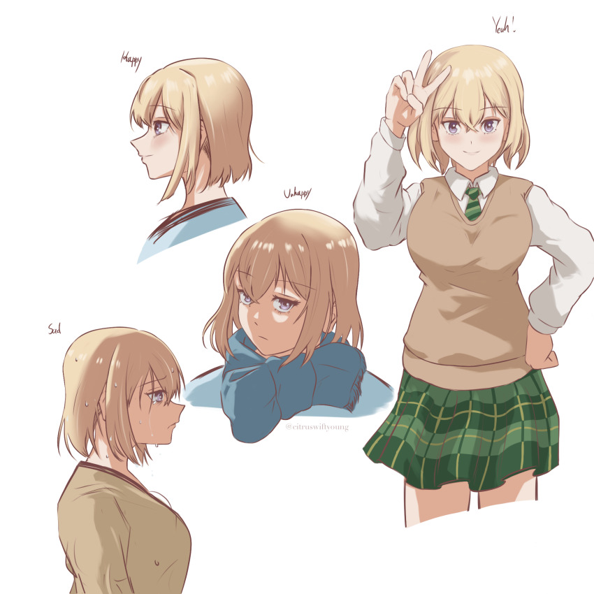 1girl bang_dream! bang_dream!_it&#039;s_mygo!!!!! blonde_hair blue_scarf brown_sweater_vest chinese_commentary citruswiftyoung closed_mouth collared_shirt commentary_request english_text green_skirt hand_on_own_hip highres long_sleeves medium_hair misumi_uika multiple_views plaid_clothes plaid_skirt pleated_skirt purple_eyes scarf shirt simple_background skirt smile sweater_vest v wet wet_hair white_background white_shirt