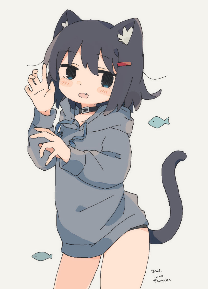 1girl 2021 animal_ear_fluff animal_ears arm_up belt belt_buckle belt_collar black_belt black_shorts blue_eyes blue_hair blue_hoodie buckle cat_ears cat_girl cat_tail collar commentary_request cowboy_shot dated drawstring fang fish fumiko_(rubra_plumeria) hair_ornament hairclip highres hood hood_down hoodie jitome long_sleeves open_mouth original short_hair shorts simple_background solo tail white_background