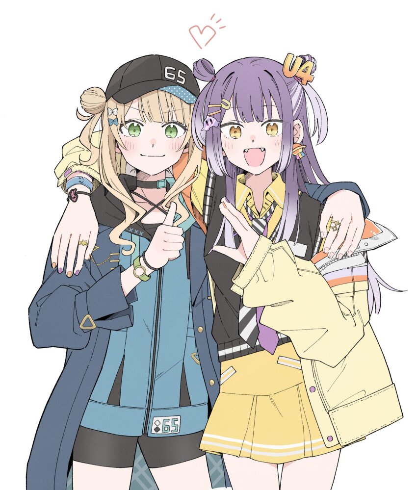 2girls arm_on_another&#039;s_shoulder bike_shorts blonde_hair choker double_bun fangs gradient_hair green_eyes hair_bun hat heart_hands_failure highres jacket kaburaki_roco kaburaki_roco_(1st_costume) kinniku_cutie long_hair multicolored_hair multiple_girls necktie nijisanji open_clothes open_jacket open_mouth purple_hair thumbs_up ufo_hair_ornament umise_yotsuha virtual_youtuber yellow_eyes yellow_jacket