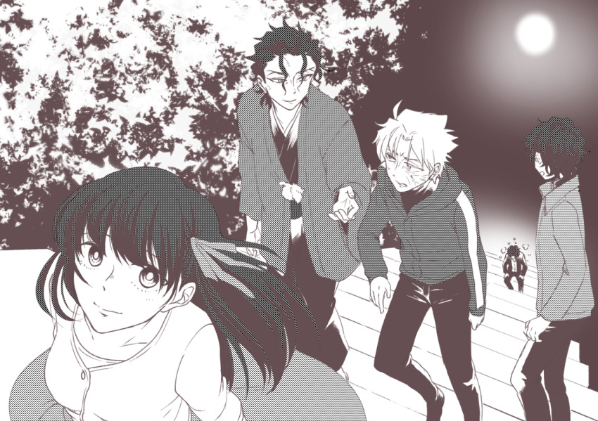 1girl 4boys ahoge blouse brother_and_sister brothers fate/stay_night fate/zero fate_(series) father_and_son hair_ribbon hood hoodie long_hair long_skirt matou_byakuya matou_kariya matou_sakura matou_shinji matou_zouken monochrome multiple_boys ribbon ronpaxronpa shirt short_hair siblings skirt stairs sweater time_paradox turtleneck turtleneck_sweater uncle_and_niece wavy_hair