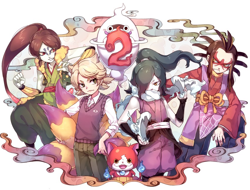 10s blush dress ghost highres japanese_clothes jibanyan kyuubi_(youkai_watch) male_focus monster_boy nekomata no_humans notched_ear oogama_(youkai_watch) orochi_(youkai_watch) ponytail rojiko sleeveless sweater sweater_dress tsuchigumo tsuchigumo_(youkai_watch) whisper_(youkai_watch) yellow_eyes traditional_youkai youkai_watch