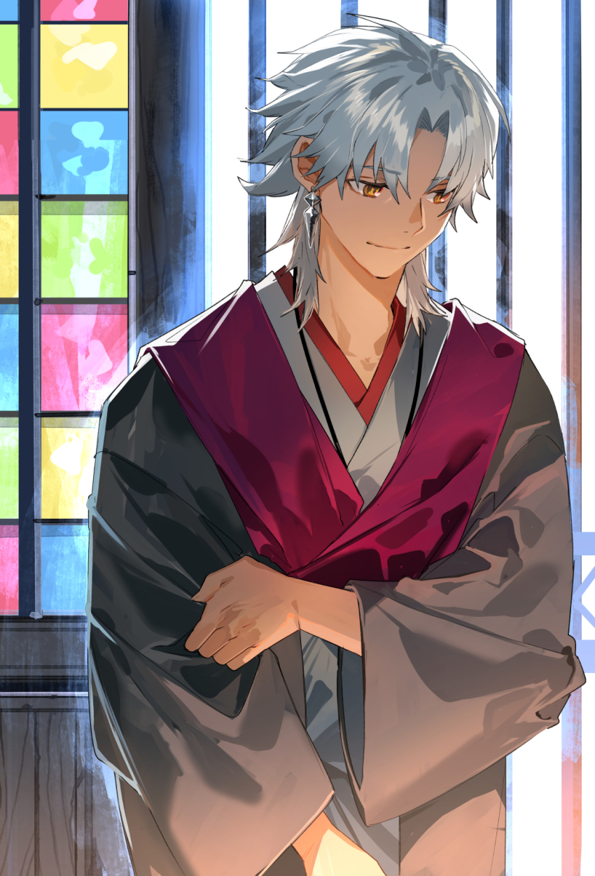 1boy amakusa_shirou_(fate) architecture black_haori clutching_clothes cowboy_shot dark-skinned_male dark_skin earrings east_asian_architecture fate/grand_order fate_(series) grey_kimono haori highres japanese_clothes jewelry kimono kyouichi looking_down official_alternate_costume orange_eyes parted_bangs solo standing stole white_hair