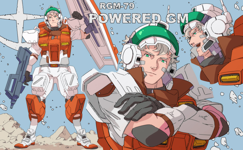 1boy 8823 armor black_gloves character_name cropped_torso crossed_arms full_body gloves green_eyes grey_hair gun gundam gundam_0083 highres holding holding_gun holding_weapon humanization light_smile looking_ahead looking_at_viewer male_focus mecha_danshi multiple_views open_mouth power_armor powered_gm shield standing upper_body weapon