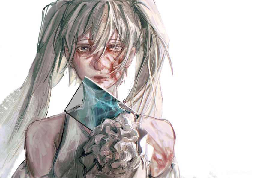 absurdres aqua_dress aqua_eyes aqua_hair bag_under_clothes bare_shoulders blood blood_on_arm blood_on_face clothing_cutout dress dress_flower entronyar evillious_nendaiki faux_traditional_media flower glass_shards hair_between_eyes half-closed_eyes hatsune_miku highres long_hair looking_at_viewer margarita_blankenheim nemurase_hime_kara_no_okurimono_(vocaloid) parted_lips realistic rose sad shoulder_cutout twintails very_long_hair vocaloid white_flower white_rose
