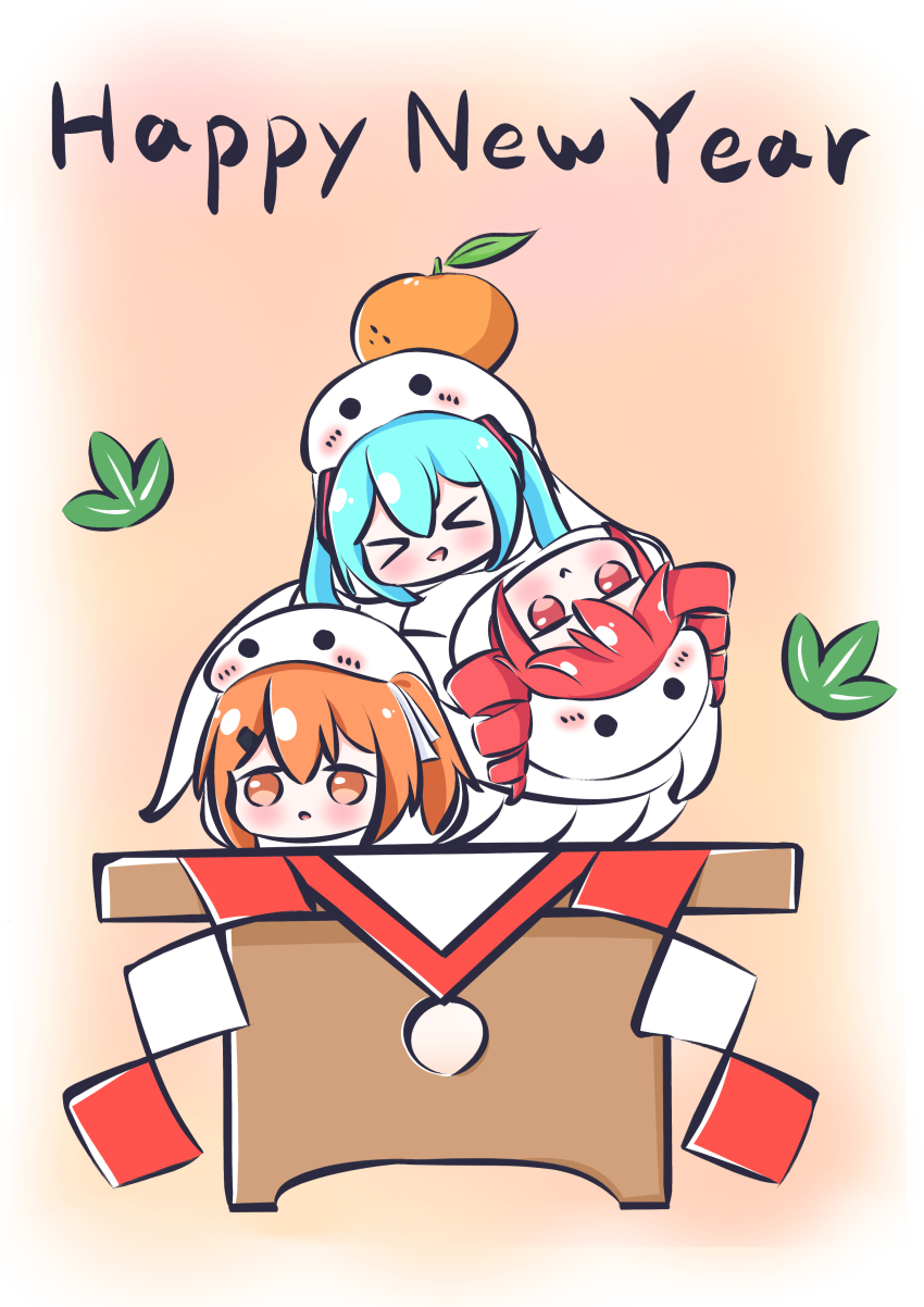 &gt;_&lt; 3girls a.i._voice absurdres adachi_rei aqua_hair chibi chibi_only chinese_zodiac cott_(cott_5) drill_hair food fruit happy_new_year hatsune_miku highres kagami_mochi kasane_teto kasane_teto_(utau) leaf long_hair looking_at_viewer mandarin_orange mini_person minigirl multiple_girls nengajou new_year orange_eyes orange_hair red_eyes red_hair sanbou snake twin_drills twintails upside-down utau vocaloid year_of_the_snake