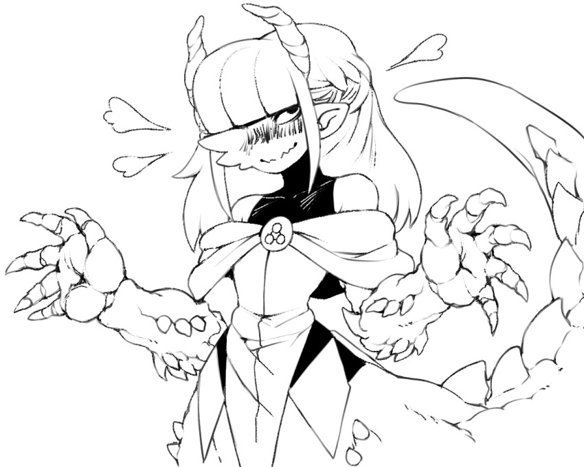 1boy asymmetrical_eyes bare_shoulders blunt_bangs blush braid claws closed_mouth demi_(dizzyspells) dizzyspells dragon_boy dragon_horns dragon_tail embarrassed feminine fingernails hands_up heart heavy_breathing horns long_hair looking_at_viewer male_focus monster_boy original pointy_ears sharp_fingernails shawl sidelocks simple_background sleeveless solo spikes tail taur trap upper_body wavy_mouth