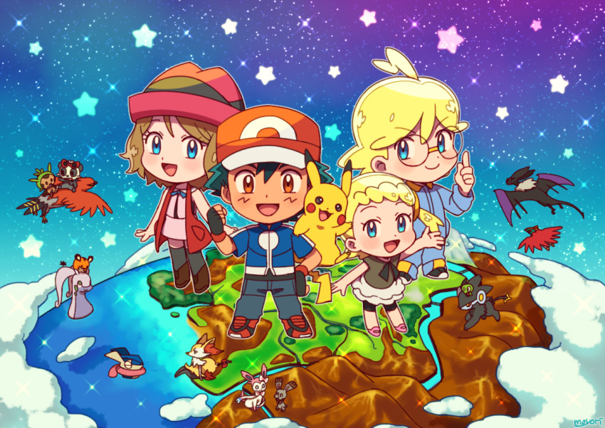 2boys 2girls ash_ketchum bad_id bad_pixiv_id bird black_hair blonde_hair bonnie_(pokemon) braixen brown_hair bunnelby chespin chibi clemont_(pokemon) closed_eyes dedenne earth_(planet) fingerless_gloves flying gen_1_pokemon gen_4_pokemon gen_6_pokemon gloves goodra greninja hat hawlucha legendary_pokemon luxray moyori multiple_boys multiple_girls nintendo noivern open_mouth pancham pikachu planet pokemon pokemon_(anime) pokemon_(creature) pokemon_xy_(anime) serena_(pokemon) smile standing sunglasses sylveon talonflame water wings zygarde zygarde_core