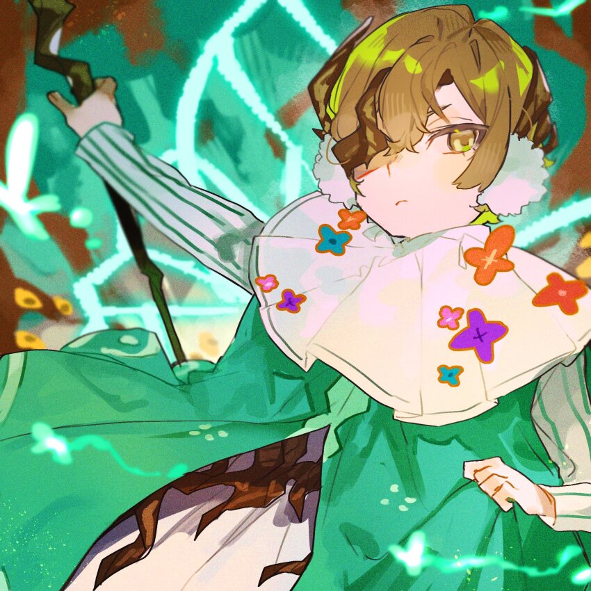 1boy blonde_hair brown_background cape capelet e.g.o_(project_moon) fairy_wings green_cape hamelon310 highres holding holding_staff lantern_(e.g.o) limbus_company long_sleeves looking_at_viewer male_focus plant_roots pom_pom_(clothes) project_moon short_hair simple_background sinclair_(project_moon) solo staff standing upper_body white_capelet wings yellow_eyes