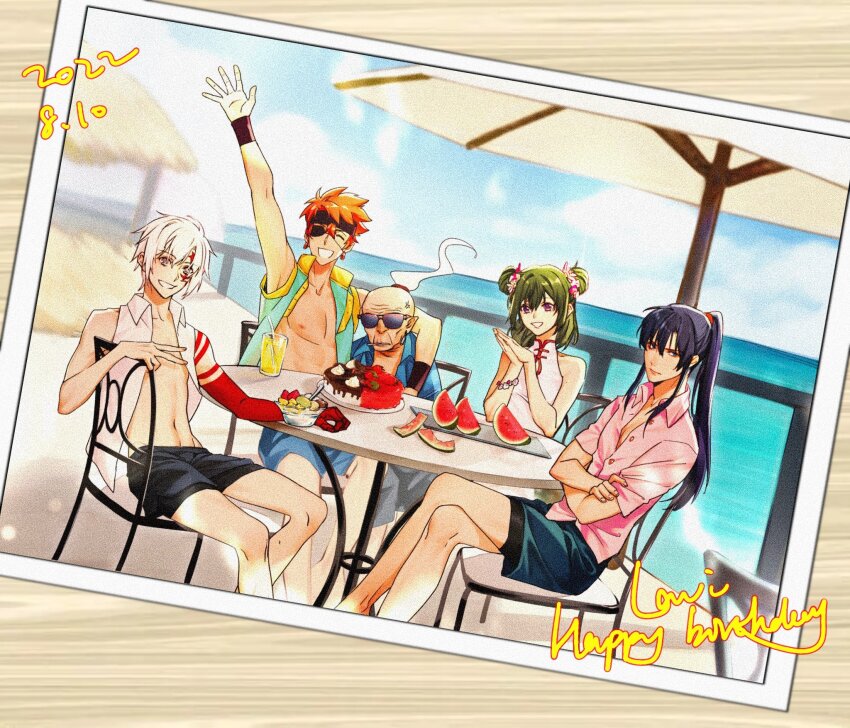 1girl 4boys allen_walker annoyed armpits bald bare_arms bare_shoulders bars beach beach_umbrella birthday black_hair black_headband black_shorts blue_eyes blue_shirt blue_shorts blue_sky body_markings bookman bracelet brown_wrist_cuffs cake chair chocolate_cake closed_eyes cloud collared_shirt colored_extremities crossed_arms crossed_legs cup d.gray-man dress drinking_straw earrings english_text eyepatch facial_mark floor flower flower_bracelet food fruit glass green_hair green_shorts grey_shorts grin hair_between_eyes hair_flower hair_ornament hair_ribbon hand_on_another&#039;s_shoulder happy_birthday headband high_ponytail highres hoop_earrings ice_cream ice_cream_cup ice_cream_spoon jewelry kanda_yuu lavi legs lemonade lenalee_lee long_hair looking_at_viewer mandarin_collar mouth_hold multiple_boys navel ocean old old_man on_chair one_eye_covered orange_hair own_hands_together photo_(object) pink_flower pink_shirt plate ponytail purple_eyes red_ribbon ribbon rocheng round_table scar scar_across_eye scar_on_face shirt short_hair short_sleeves shorts sidelocks sky sleeveless sleeveless_dress sleeveless_shirt smile spoon stalk_in_mouth star_(symbol) star_facial_mark strawberry_cake striped_clothes striped_dress striped_shirt sunglasses table tan thighs two_side_up umbrella unbuttoned unbuttoned_shirt v vertical-striped_clothes vertical-striped_dress watermelon watermelon_slice waving white_dress white_flower white_hair white_shirt white_umbrella wrinkled_skin wrist_cuffs