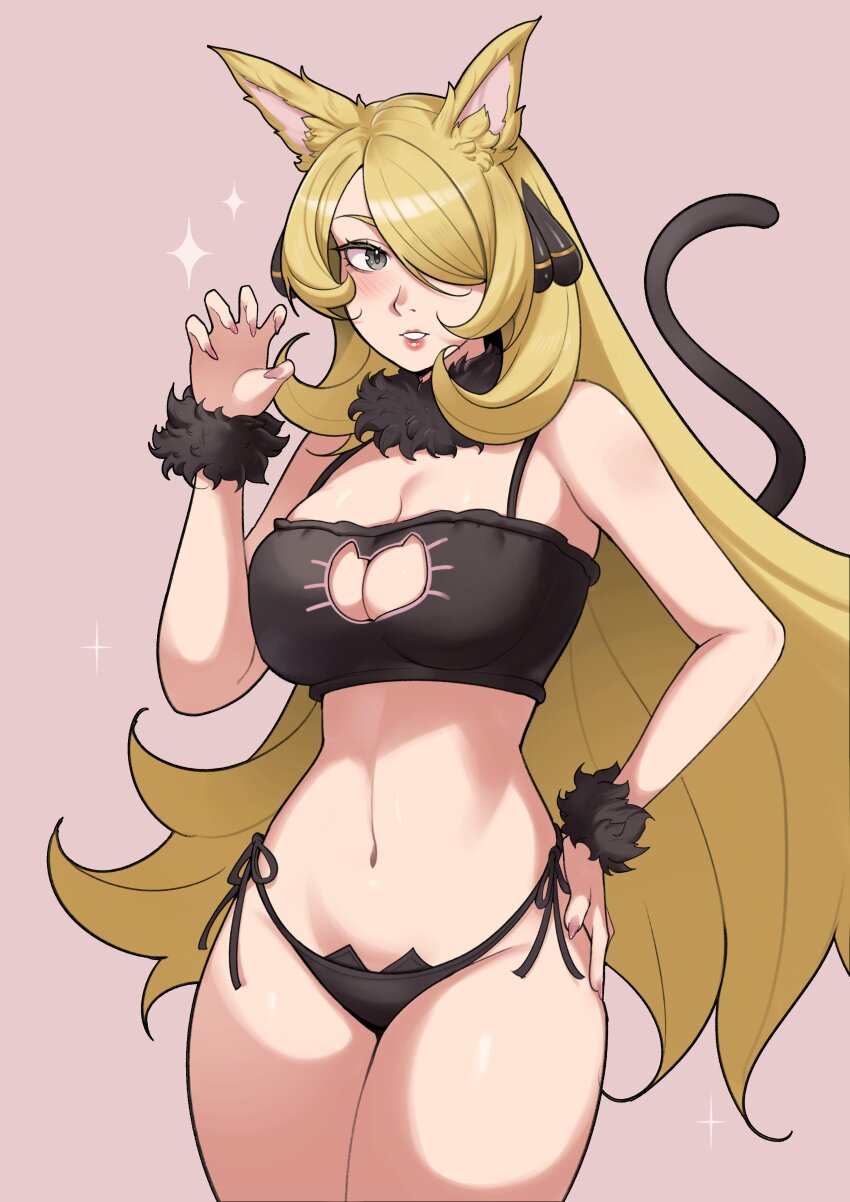 1girl absurdres animal_ears black_bra black_panties blonde_hair bra breasts cat_cutout cat_ears cat_lingerie cat_tail cleavage cleavage_cutout clothing_cutout cowboy_shot cynthia_(pokemon) deliciousbrain fur_collar fur_cuffs grey_eyes hair_ornament hand_on_own_hip hand_up highres large_breasts navel nintendo panties parted_lips pokemon pokemon_dppt simple_background solo stomach tail underwear