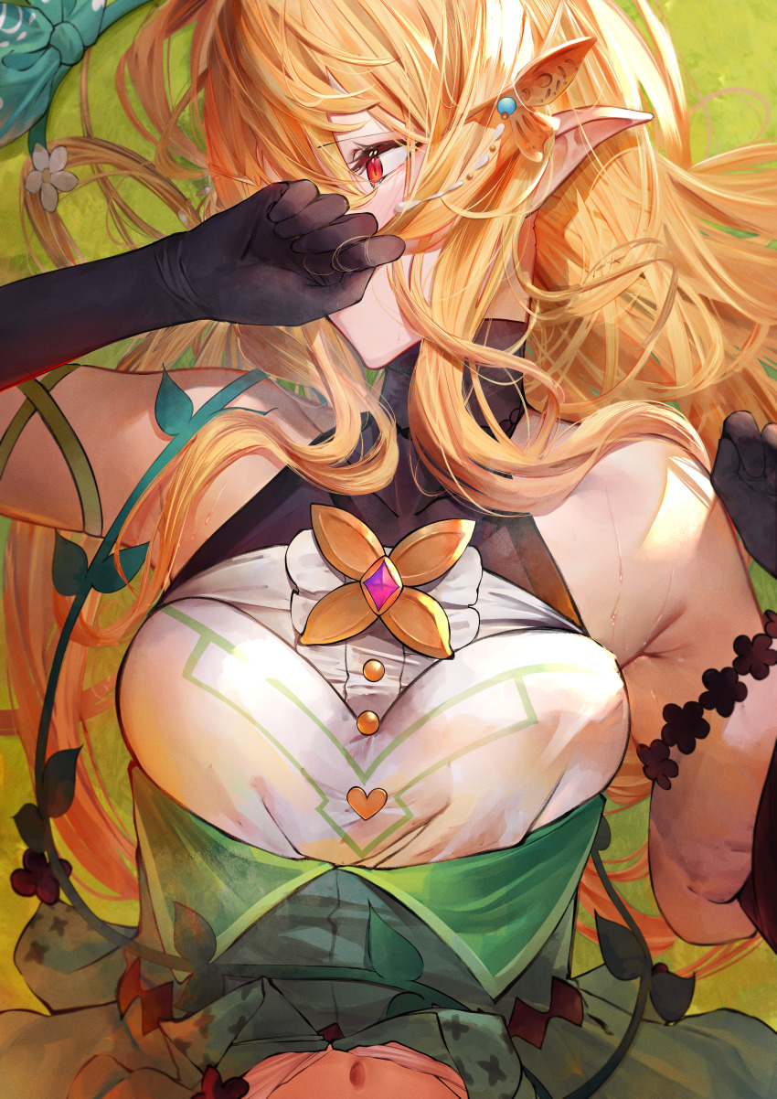 1girl absurdres betabeet black_gloves blonde_hair breasts butterfly_hair_ornament elbow_gloves gloves green_ribbon green_skirt hair_behind_ear hair_ornament hair_spread_out halterneck high-waist_skirt highres long_hair looking_to_the_side lying medium_breasts navel nijisanji nijisanji_en on_back pointy_ears pomu_rainpuff pomu_rainpuff_(1st_costume) red_eyes ribbon skirt solo unworn_ribbon virtual_youtuber