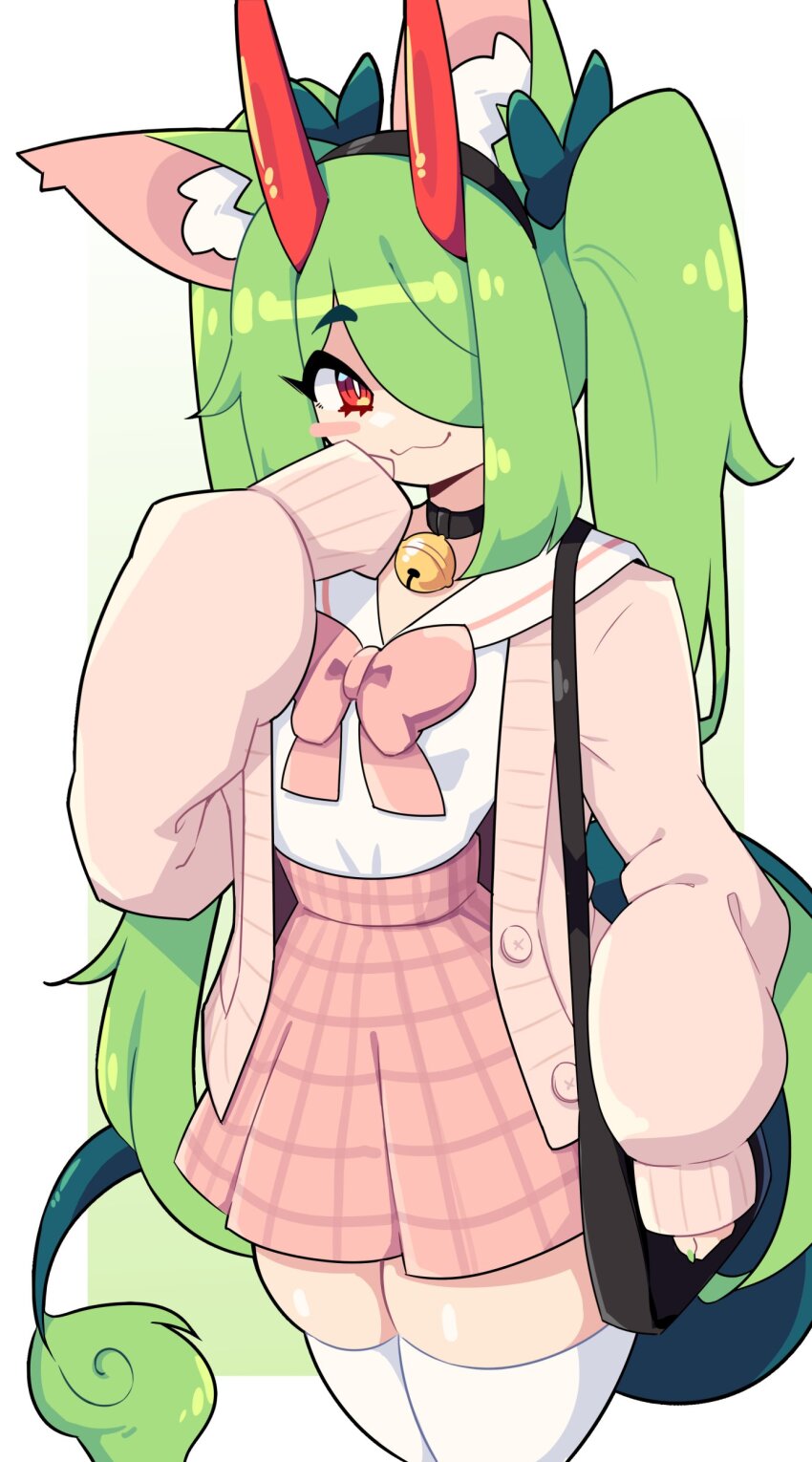 1girl :3 absurdres animal_ear_fluff animal_ears bell black_bag black_collar black_hairband blush_stickers border bow bowtie buttons cat_ears cat_girl closed_mouth collar daigada green_background green_ribbon hair_over_one_eye hair_ribbon hairband hand_on_own_chin highres horns jacket long_hair looking_at_viewer neck_bell oni open_clothes open_jacket original pink_bow pink_bowtie pink_jacket pink_skirt plaid_clothes plaid_skirt pleated_skirt red_eyes ribbon sailor_collar shirt sidelocks skirt solo swept_bangs tail thighhighs twintails very_long_hair white_border white_sailor_collar white_shirt white_thighhighs