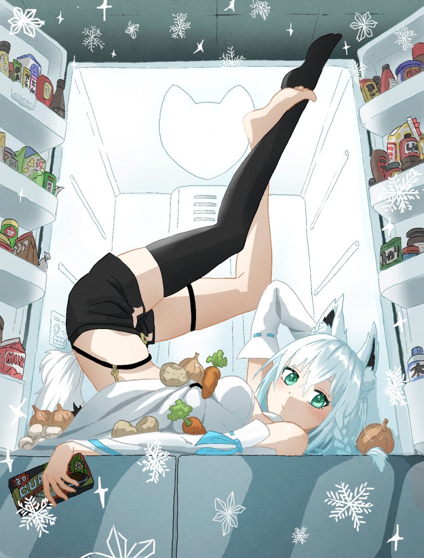 1girl animal_ear_fluff animal_ears arm_up barefoot black_shorts bottle braid breasts carrot closed_mouth commentary_request crossed_bangs crossed_legs detached_sleeves feet fox_ears fox_girl fox_tail from_side full_body garlic green_eyes grey_hair highres holding hololive legs legs_up long_hair long_legs looking_at_viewer looking_to_the_side lying medium_breasts milk_carton no_shoes on_back refrigerator shadow shirakami_fubuki shirakami_fubuki_(1st_costume) shirt short_shorts shorts side_braid single_thighhigh sleeveless sleeveless_shirt solo tail tauyoshi728 thigh_strap thighhighs toes virtual_youtuber water_bottle white_shirt wolf_girl