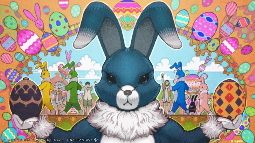 5others :d animal_costume artist_request child cosplay easter_egg egg elezen elf final_fantasy final_fantasy_xiv highres kigurumi looking_at_viewer miqo&#039;te multiple_others official_art open_mouth pointy_ears rabbit_costume smile spriggan_(final_fantasy) walking
