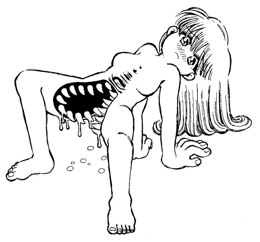 15ooo 1girl blush body_horror breasts crab_walk deformed drooling extra_mouth feet fingernails frown highres long_hair monster_girl no_nipples nude open_mouth original sharp_teeth solo teeth toenails toes