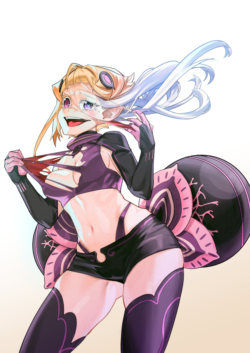 1girl absurdres black_shorts black_wings blonde_hair breasts capella_emerada_lugnica cleavage crop_top elbow_gloves emilia_(re:zero) gloves groin hair_ornament highleg highleg_panties highres long_hair medium_breasts micro_shorts navel panties pointy_ears purple_eyes re:zero_kara_hajimeru_isekai_seikatsu red_eyes shapeshifter shapeshifting short_hair shorts sidelocks smile stomach swimsuit thighs tongue tongue_out underwear white_hair wings