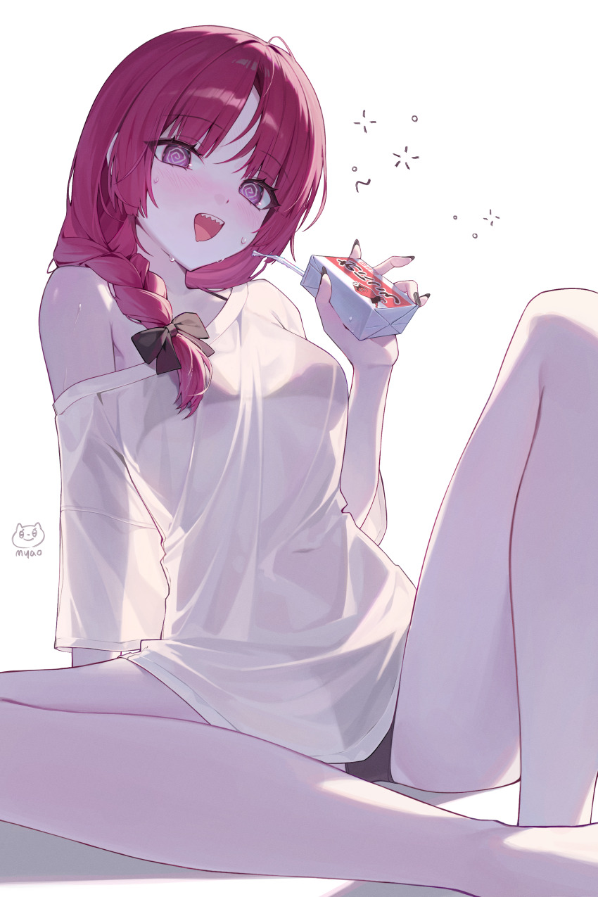 1girl @_@ absurdres alcohol_carton bikini bikini_under_clothes black_bikini blush bocchi_the_rock! braid breasts commentary drinking_straw highres hiroi_kikuri holding_carton long_hair medium_breasts myao_(myaodayone) open_mouth purple_eyes purple_hair see-through_clothes see-through_shirt sharp_teeth shirt short_sleeves single_braid single_off_shoulder solo sweat swimsuit teeth upper_teeth_only white_background white_shirt