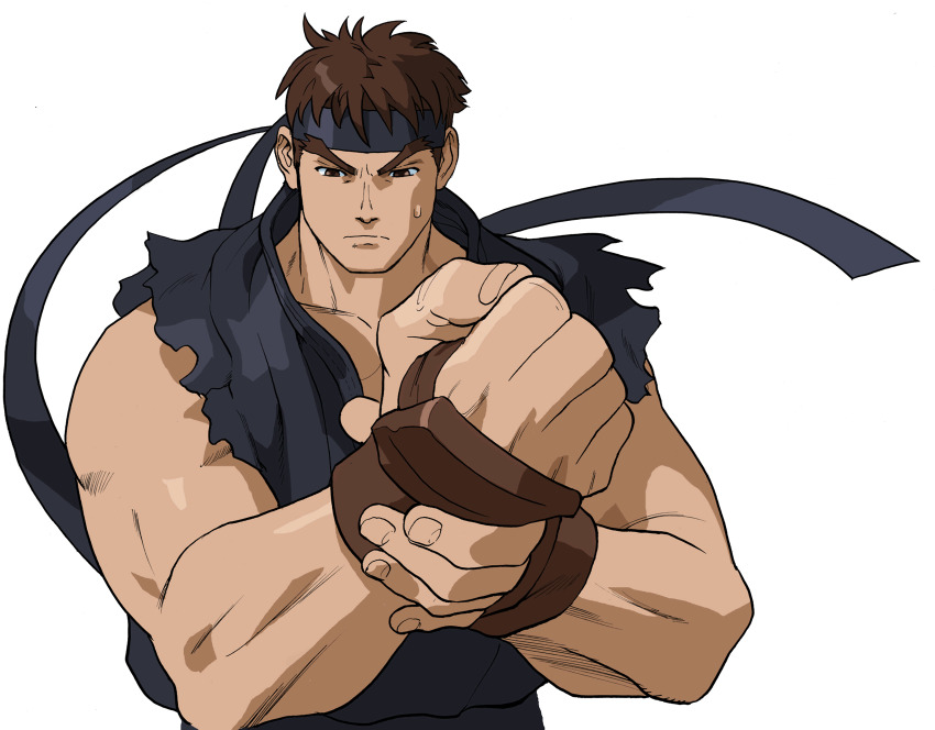 1boy adjusting_clothes adjusting_gloves bengus black_headband brown_eyes brown_hair dark_persona dougi evil_ryu game_cg gloves headband highres male_focus muscular non-web_source official_art ryu_(street_fighter) short_hair simple_background small_sweatdrop solo street_fighter street_fighter_zero_(series) sweat v-shaped_eyebrows white_background