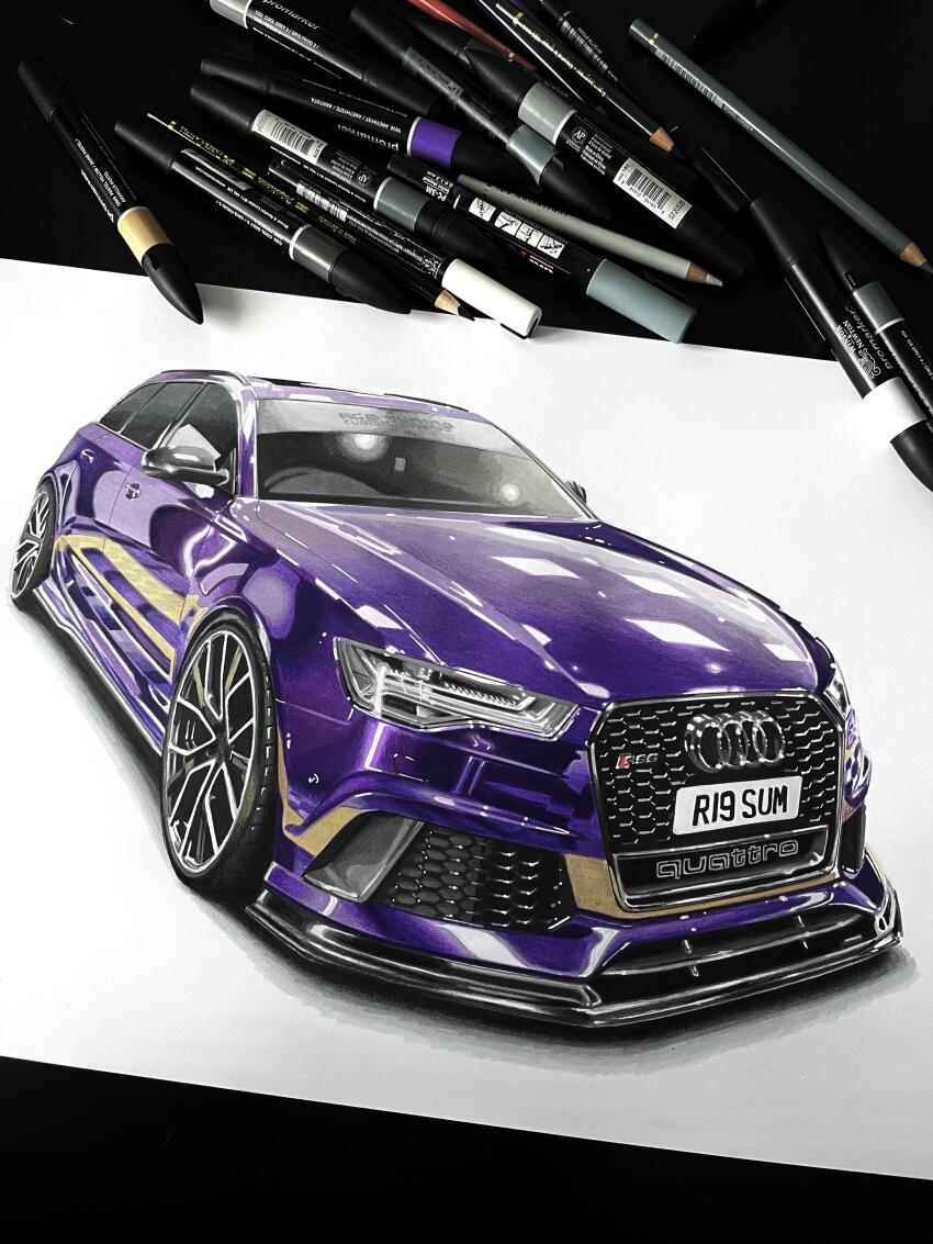 absurdres art_tools_in_frame audi audi_a6 audi_rs6 car colored_pencil_(medium) commentary english_commentary highres license_plate marker_(medium) modifiedartworks motor_vehicle no_humans original photo_(medium) purple_car shadow traditional_media vehicle_focus white_background
