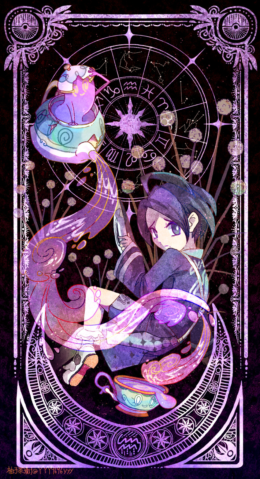 1boy @_@ ahoge allister_(pokemon) black_hair closed_mouth commentary_request constellation crack creatures_(company) cup evolutionary_line game_freak gen_3_pokemon gen_8_pokemon highres holding holding_mask long_sleeves lunatone male_focus mask mole mole_under_mouth nintendo poke_ball_symbol pokemon pokemon_(creature) pokemon_swsh polteageist pouring shirt shoes short_hair shorts sinistea sky smile socks star_(sky) starry_sky teacup teapot unworn_mask white_shoes white_socks yyy9696yyy zodiac