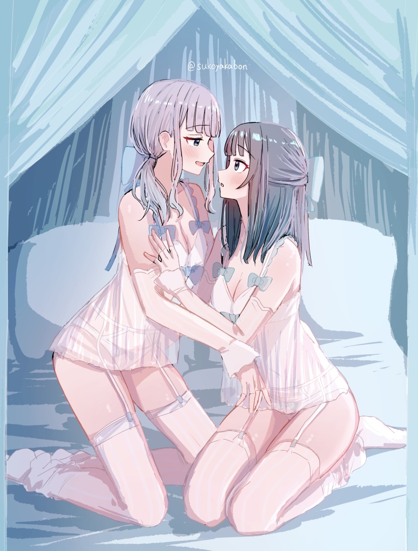 2girls absurdres bed black_hair blue_eyes blush breasts camisole canopy_bed cleavage commentary_request elbow_gloves fingerless_gloves garter_belt gloves grey_hair hand_on_another&#039;s_arm highres kneeling long_hair multiple_girls on_bed open_mouth original panties pillow see-through_camisole see-through_clothes ssrbonknow thighhighs twintails underwear white_camisole white_gloves white_panties white_thighhighs yuri