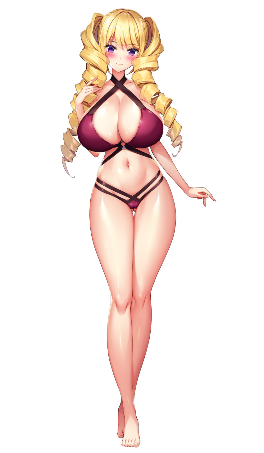 1girl absurdres ass barefoot bikini blonde_hair blush breasts cleavage closed_mouth cross-laced_bikini cross-laced_clothes derauea drill_hair full_body game_cg gluteal_fold highres huge_breasts long_hair looking_at_viewer milk_factory motto!_haramase!_honoo_no_oppai_chou_ero_appli_gakuen! navel non-web_source o-ring o-ring_top official_art purple_eyes red_bikini smile solo sonomiya_yukari sprite standing swimsuit tachi-e transparent_background twin_drills