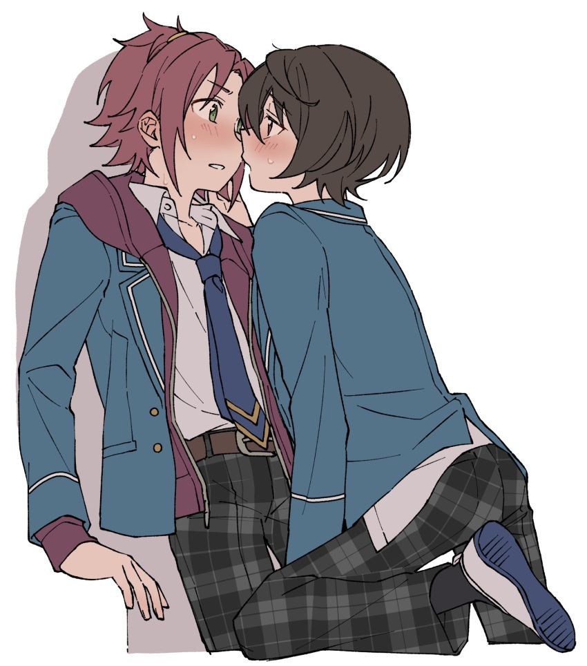 2boys against_wall belt belt_buckle between_legs bishounen black_hair black_pants black_socks blazer blue_footwear blue_jacket blue_necktie blush brown_belt buckle collared_shirt cowboy_shot cropped_legs ensemble_stars! eye_contact face-to-face from_behind green_eyes hand_between_legs hand_rest hand_up highres hood hoodie imminent_kiss invisible_table invisible_wall isara_mao jacket jacket_over_hoodie knee_up leaning_forward leg_support looking_at_another male_focus multiple_boys necktie niyororinpayamaru nose_blush open_clothes open_collar open_hoodie open_jacket pants parted_lips plaid_clothes plaid_pants purple_hoodie red_eyes red_hair sakuma_ritsu shirt shoes socks sweatdrop two-tone_footwear white_footwear white_shirt wing_collar yaoi