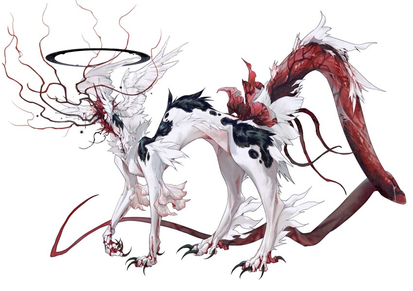 absurdres animal_feet black_fur black_halo claws deepsea9013 eldritch_abomination feathered_wings halo head_wings highres monster monster_focus no_humans original petals simple_background solo spotted_fur tendril white_background white_fur white_wings wings