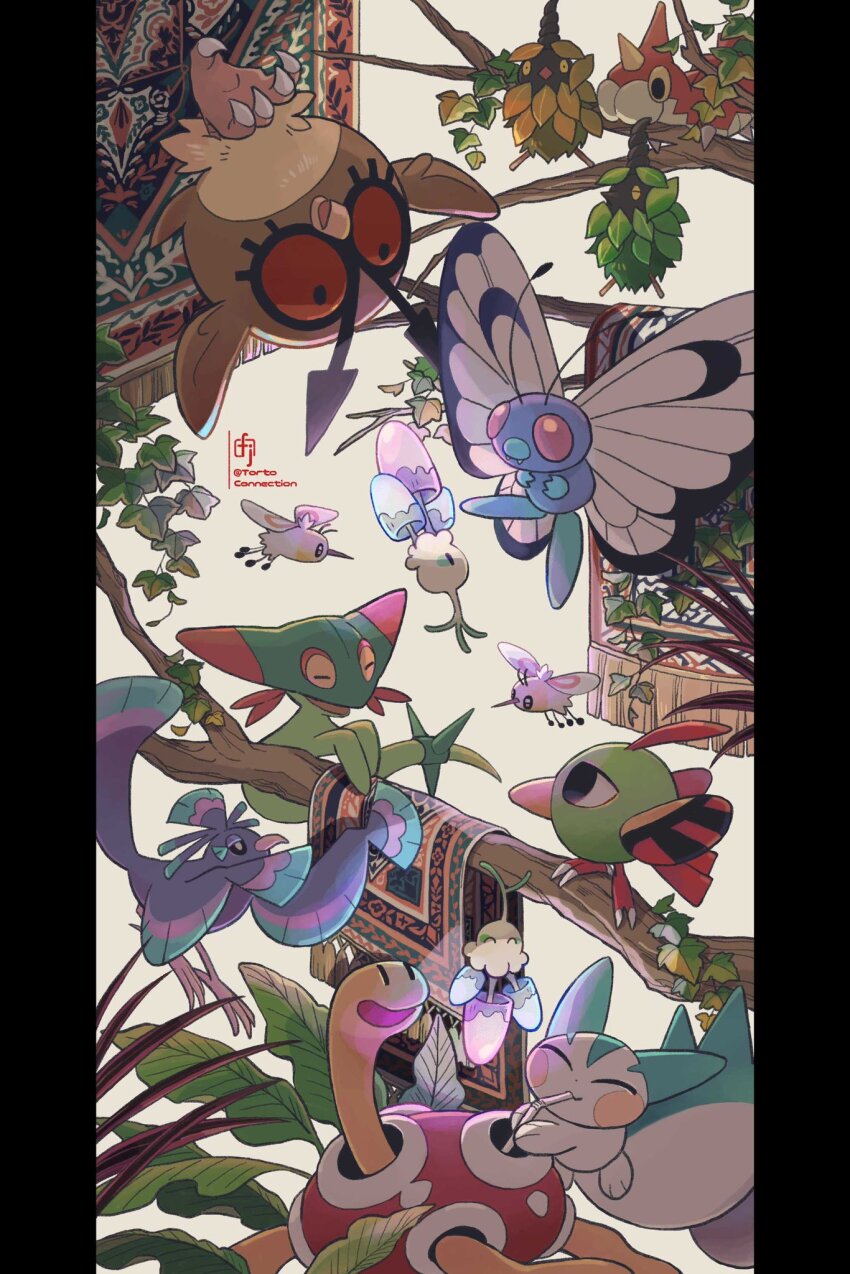 artist_name bird branch bug burmy burmy_(plant) burmy_(sandy) butterfly butterfree caterpillar chikafuji closed_eyes colored_skin commentary_request cutiefly dreepy drinking drinking_straw drinking_straw_in_mouth fangs gen_1_pokemon gen_2_pokemon gen_3_pokemon gen_4_pokemon gen_7_pokemon gen_8_pokemon highres hoothoot horns insect leaf morelull mushroom natu nintendo no_humans open_mouth oricorio oricorio_(sensu) pachirisu pillarboxed plant plume pokemon pokemon_(creature) purple_skin red_plume red_skin rug shuckle single_horn talons wings wurmple