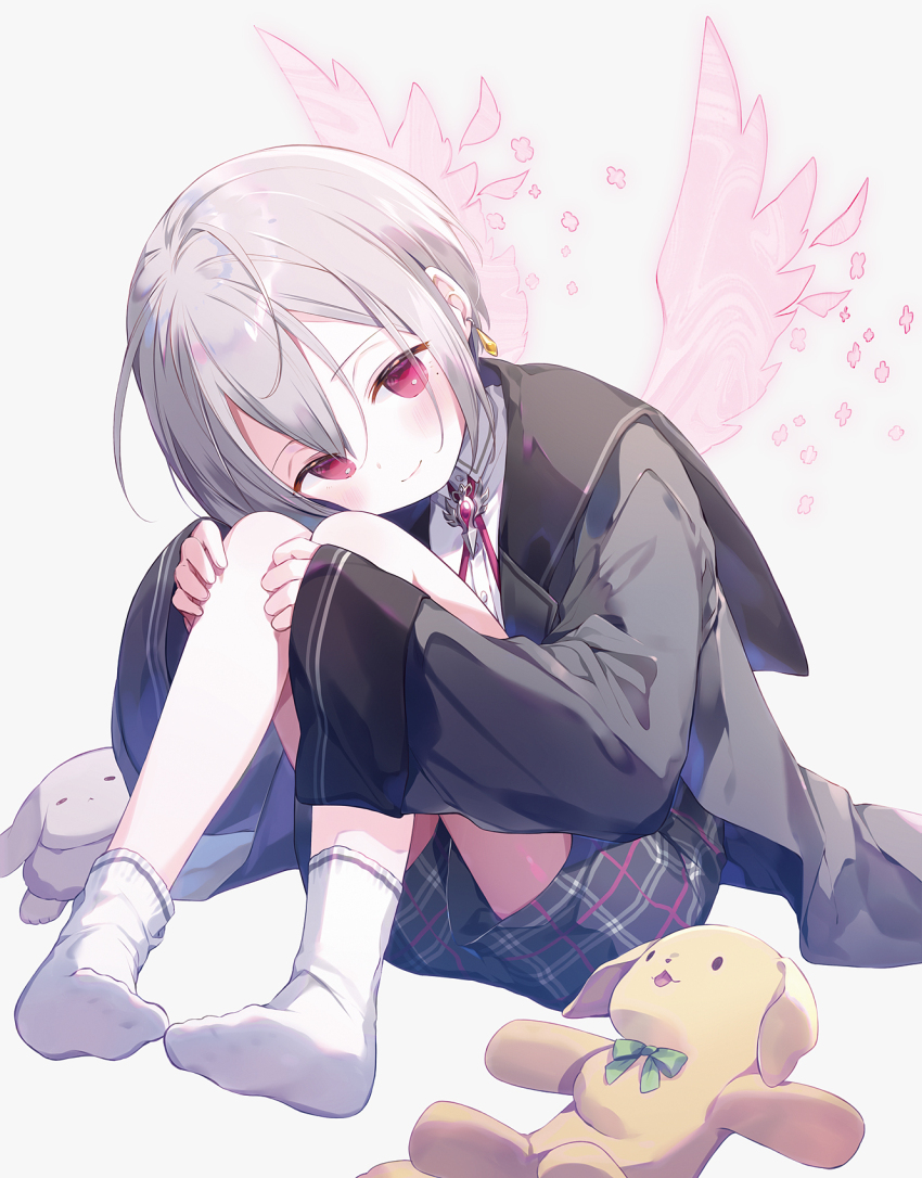 1girl ahoge ankle_socks bare_legs blush brooch dress_suit full_body grey_background grey_hair head_on_knees highres hugging_own_legs ibara_riato jewelry knees_up original plaid_clothes plaid_shorts red_eyes robe sailor_collar short_hair shorts simple_background sitting socks soles solo stuffed_animal stuffed_dog stuffed_toy toes white_socks wings