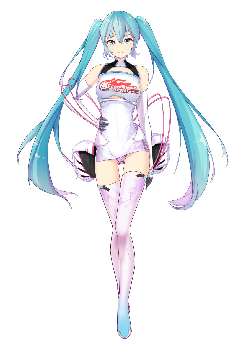 1girl absurdres aqua_eyes aqua_hair boots breasts elbow_gloves female_focus full_body gloves goodsmile_company goodsmile_racing hand_on_own_hip hatsune_miku highres leotard long_hair medium_breasts race_queen racing_miku racing_miku_(2014) simple_background smile solo thigh_boots thigh_gap thighhighs twintails very_long_hair vocaloid white_background white_boots white_thighhighs zuiai_gongzhu_dianxia